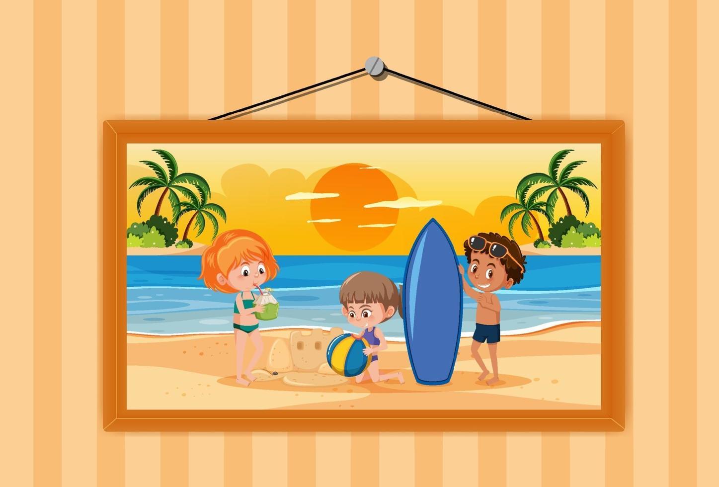 Niños en la foto de la escena de las vacaciones de verano en un marco colgado en la pared vector