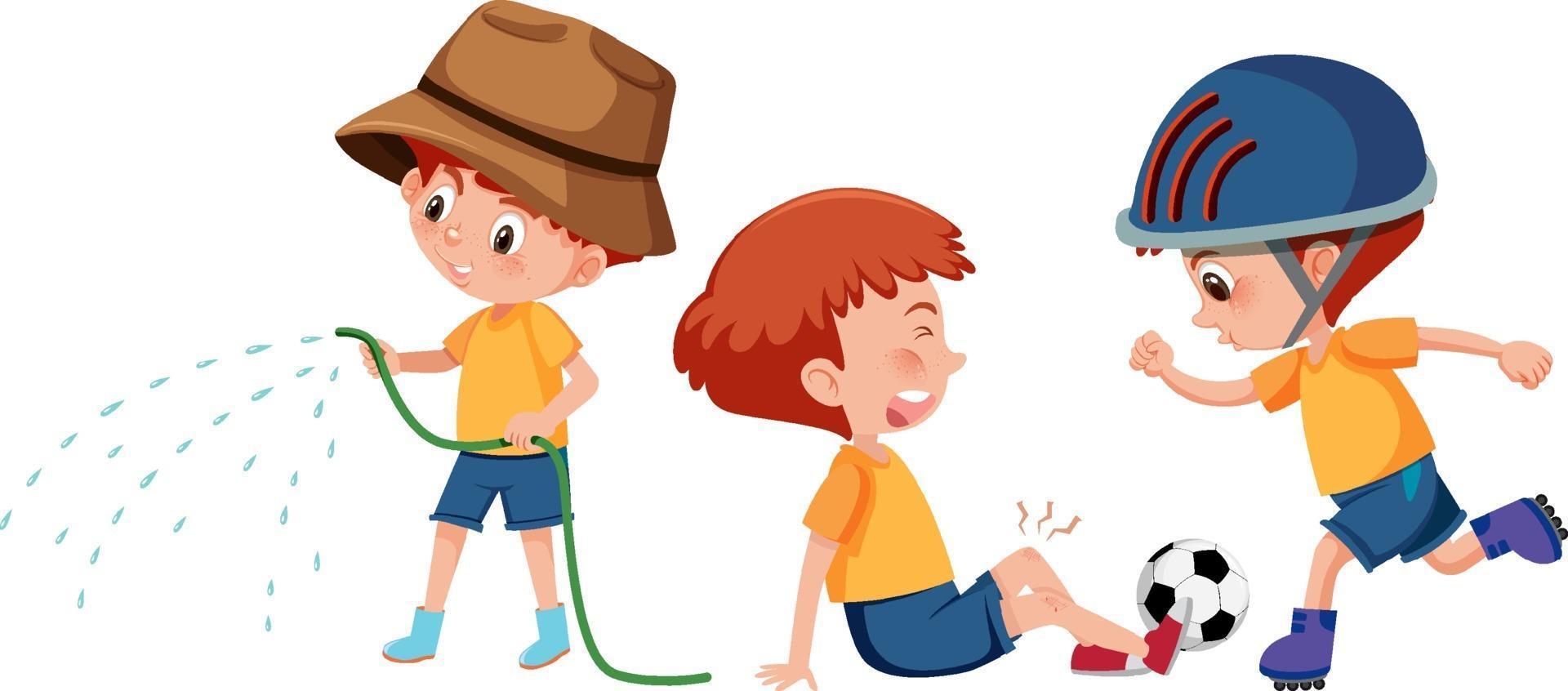 Set of a boy cartoon character doing different activities vector