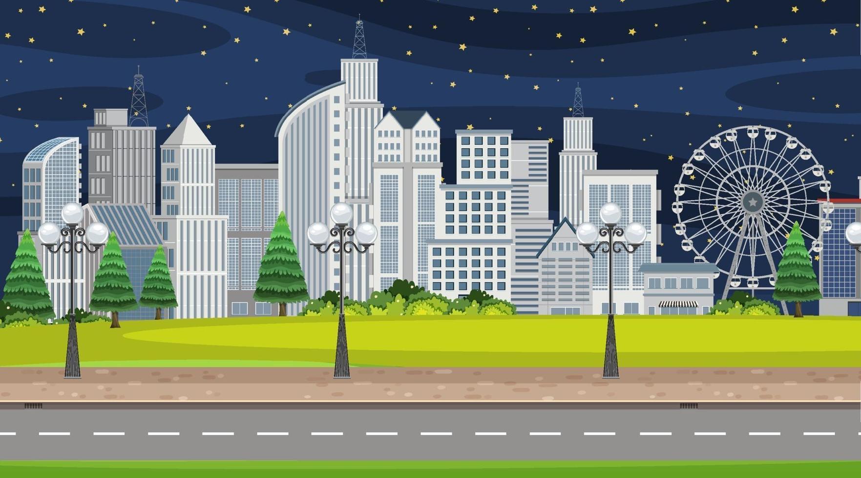 Escena de la ciudad por la noche con muchos edificios a lo largo de la carretera. vector