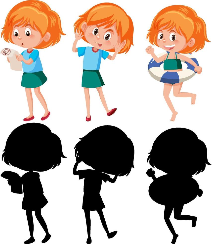 conjunto de un personaje de dibujos animados de niña en diferentes posiciones con su silueta vector