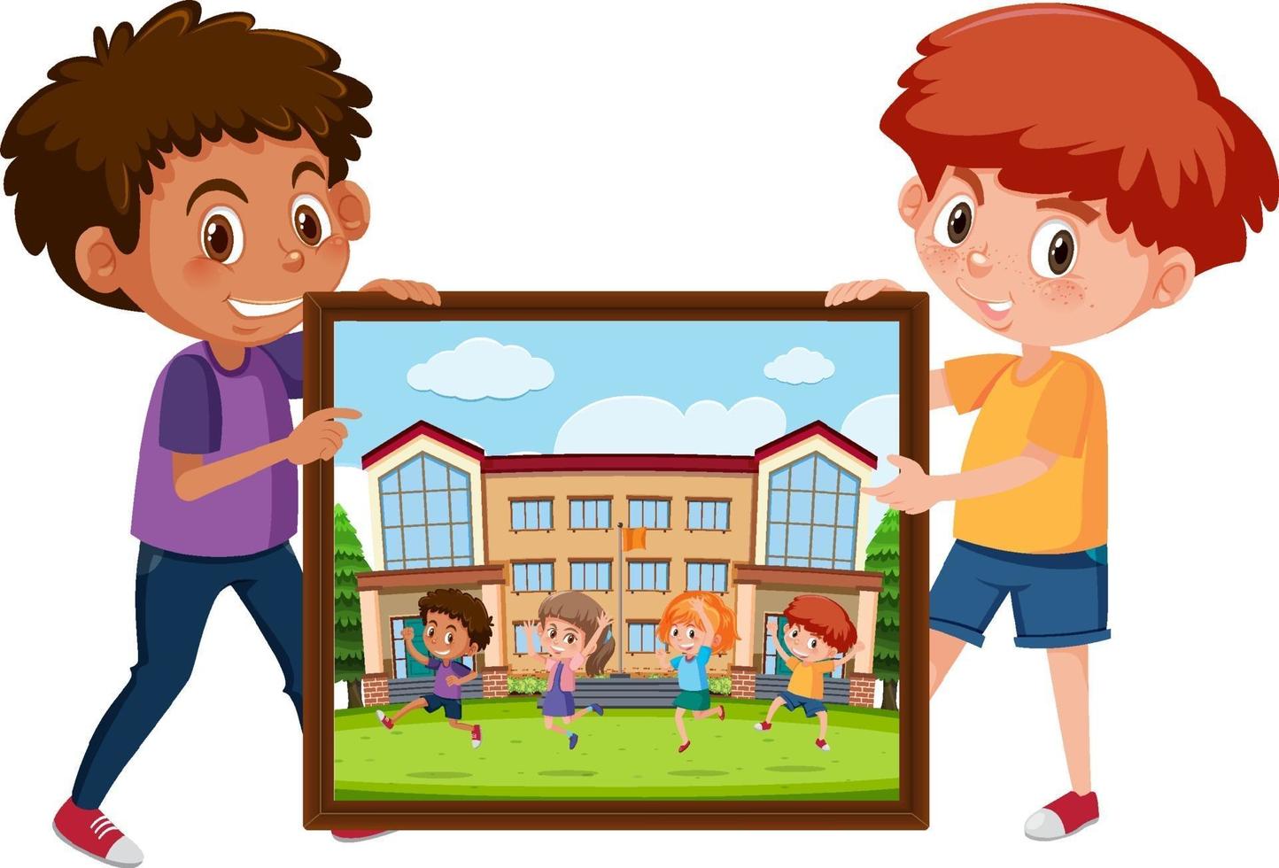 Cartoon character of boys holding a photo of his friends vector