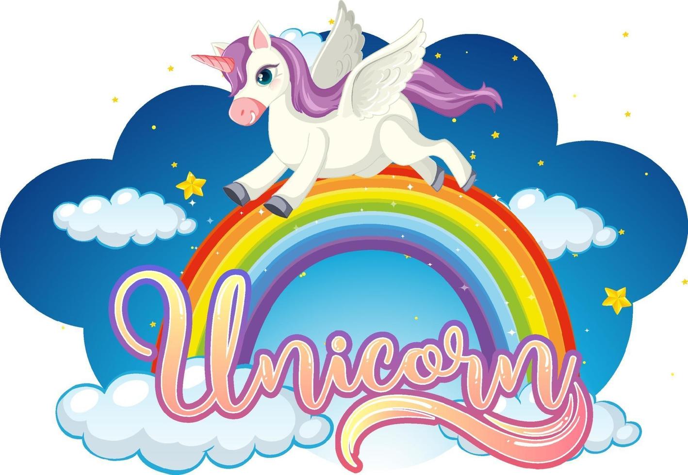personaje de dibujos animados de unicornio de pie sobre un arco iris con fuente de unicornio vector