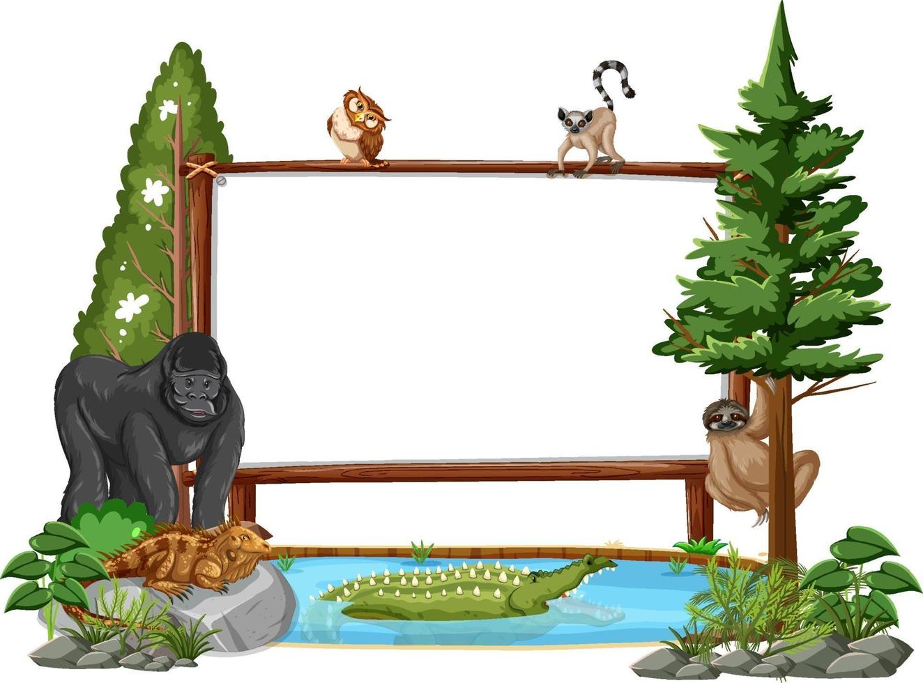 Banner vacío con animales salvajes y árboles de la selva sobre fondo blanco. vector