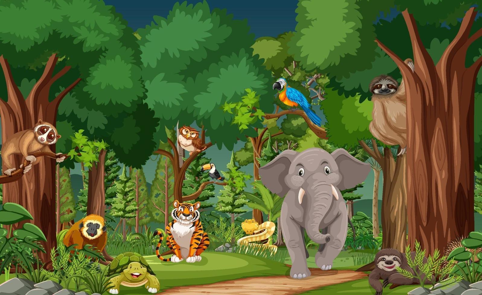 personaje de dibujos animados de animales salvajes en la escena del bosque vector