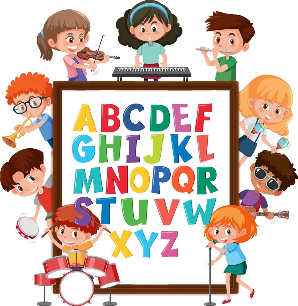 A-Z Alphabet board with many kids doing different activities vector