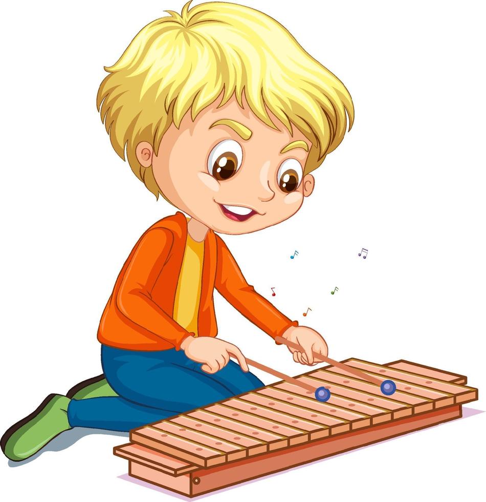 Personaje de un niño tocando el xilófono sobre fondo blanco. vector