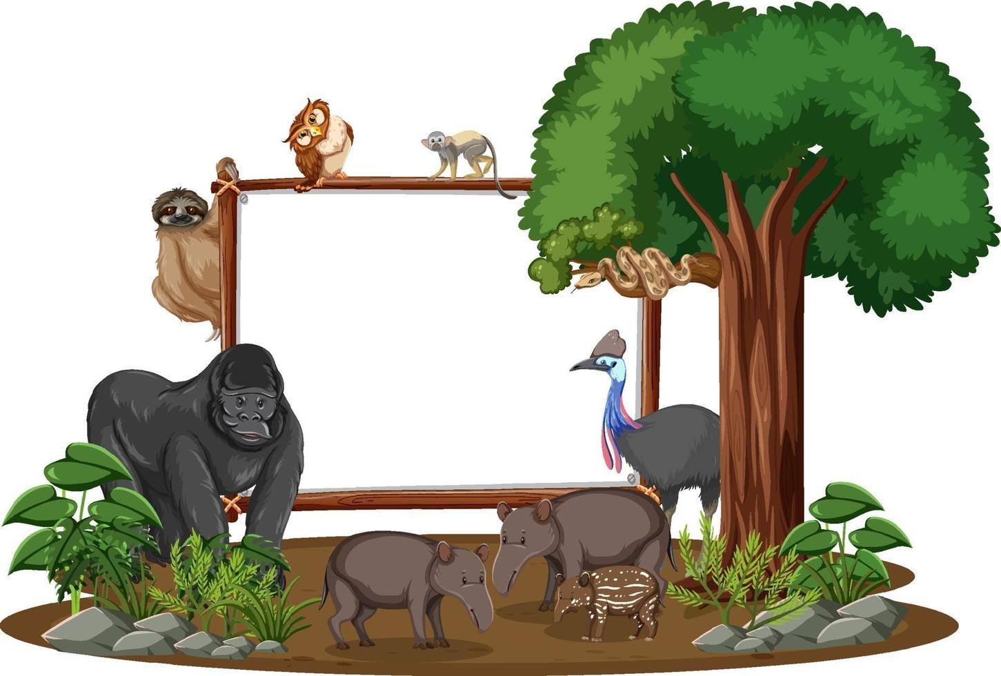 Banner vacío con animales salvajes y árboles de la selva sobre fondo blanco. vector