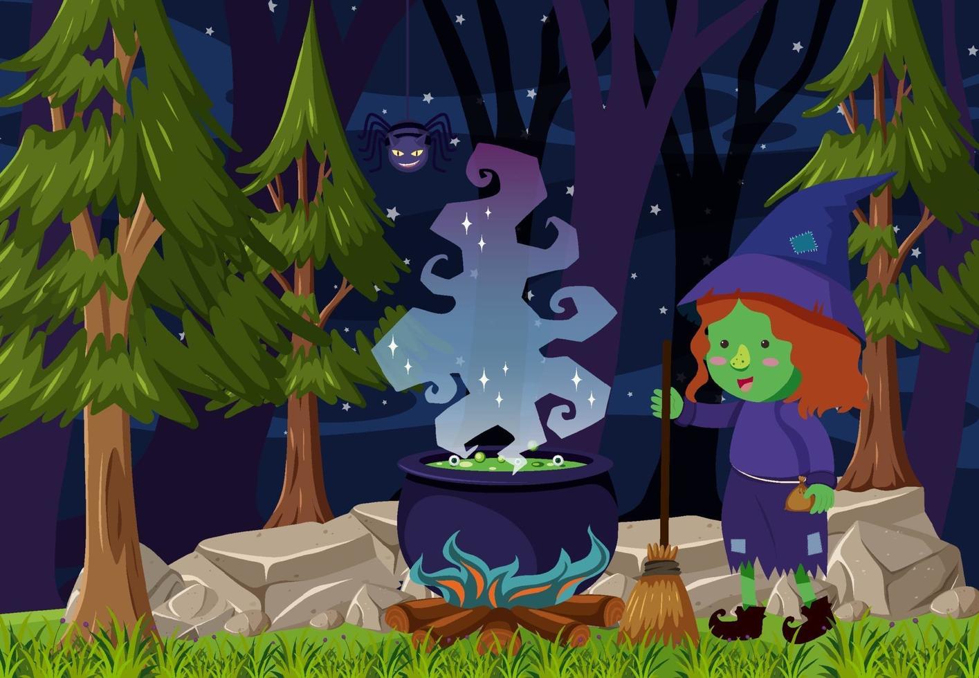 Forest scene at night with a witch spelling with potion pot vector
