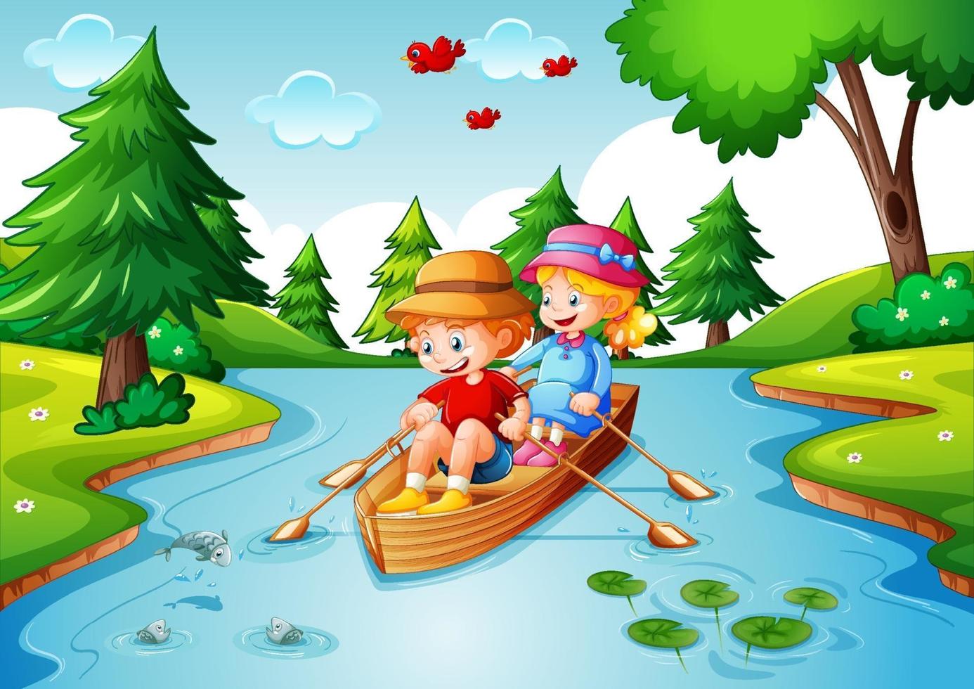 Children row the boat in the stream forest scene vector