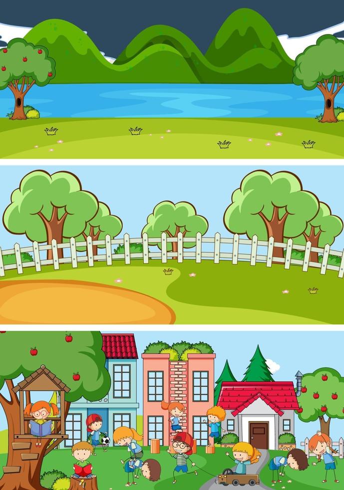 Conjunto de fondo de diferentes escenas horizontales con personaje de dibujos animados de niños doodle vector