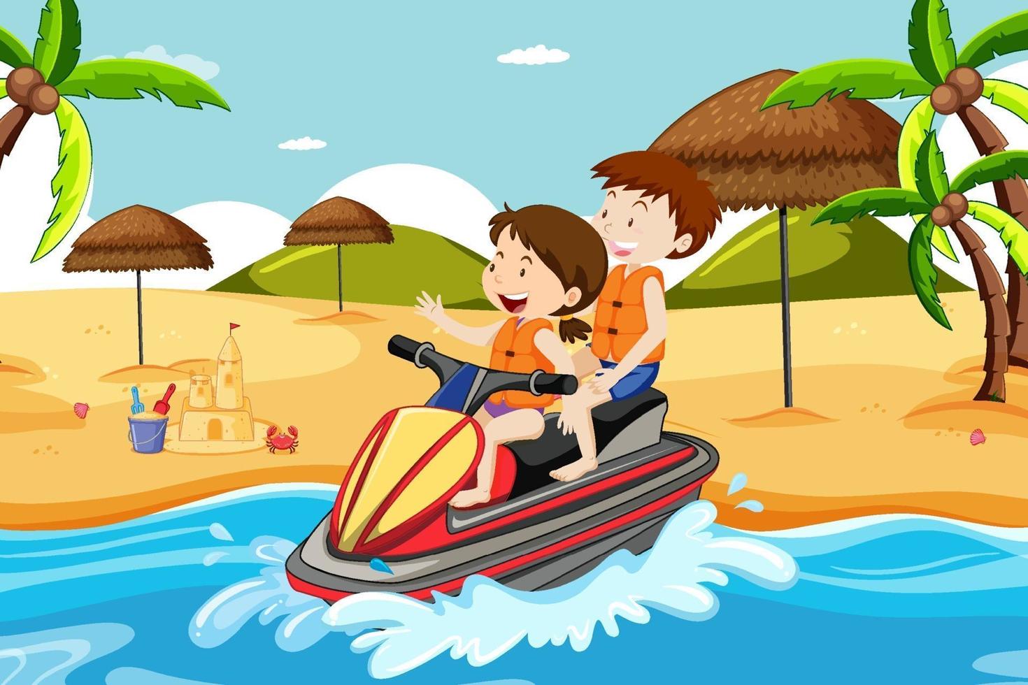 escena de playa con niños conduciendo una moto acuática vector