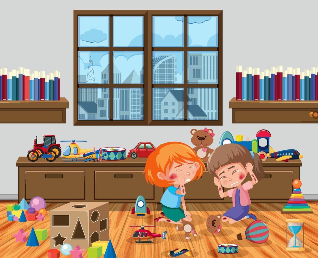 Two girls injured at cheek and arm in the playroom scene vector