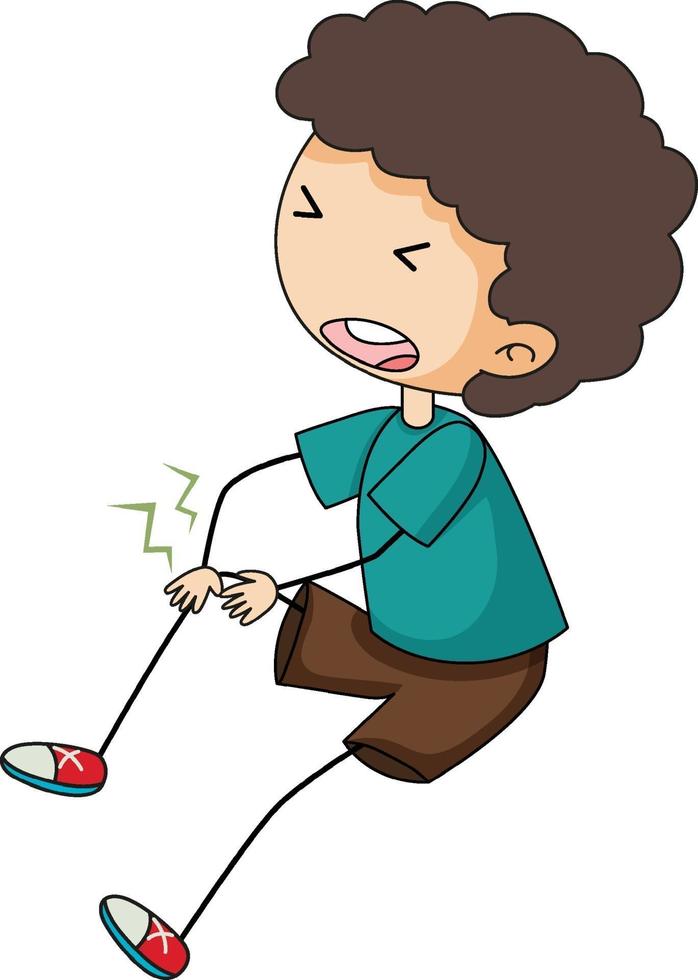 Doodle cartoon character of a boy holding painful wounded leg knee vector
