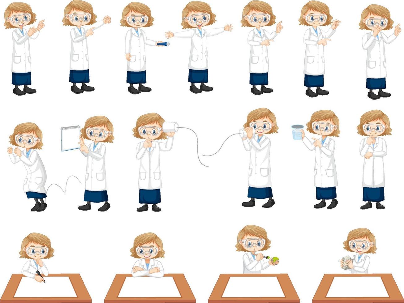 Set of a scientist girl doing different experiment vector