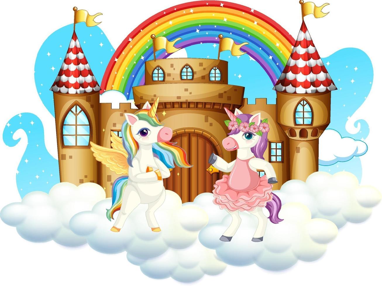 muchos lindos personajes de dibujos animados de unicornios con castillo en la nube vector