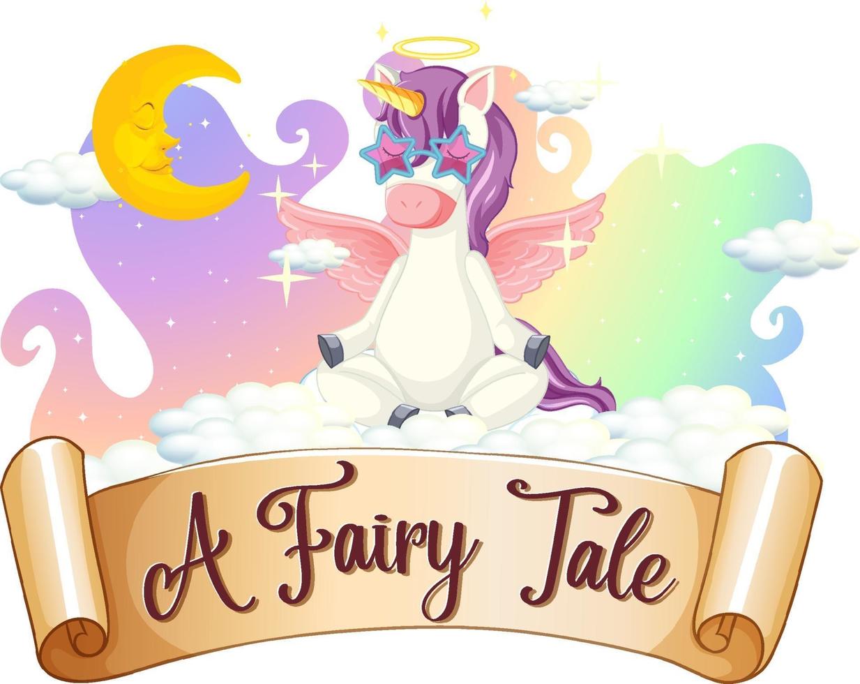 A Fairy Tale font with unicorn cartoon character sitting on a cloud vector