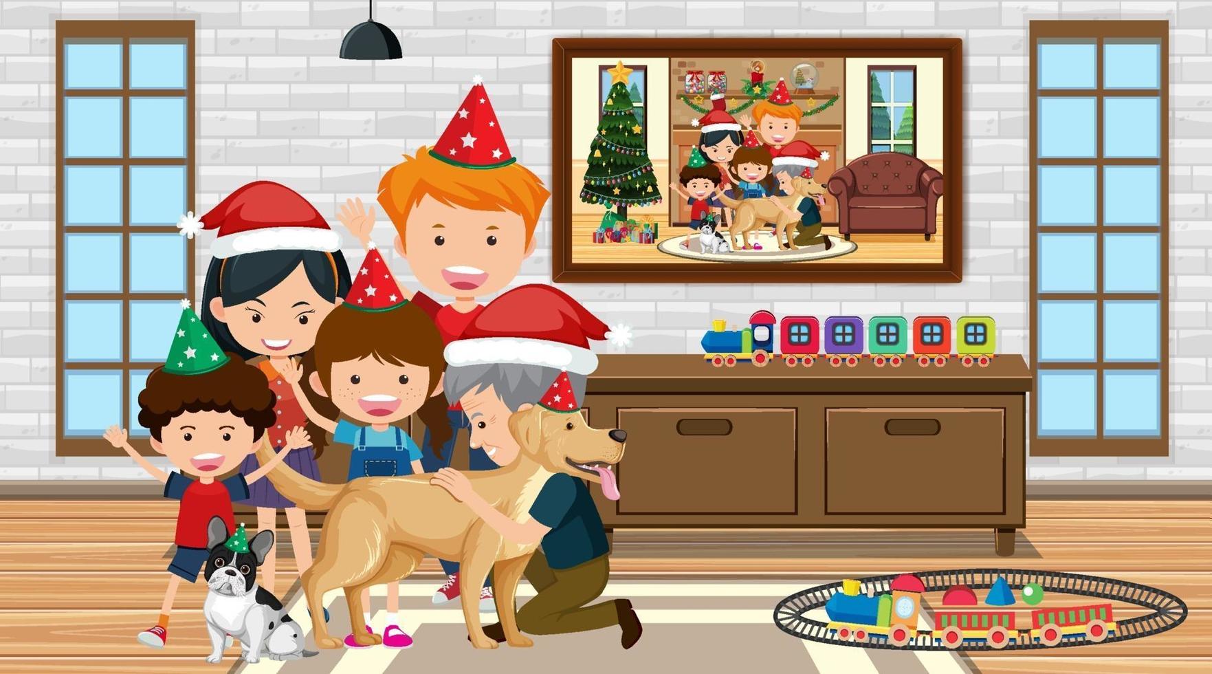 familia feliz vistiendo traje de navidad en la escena de la sala de estar vector