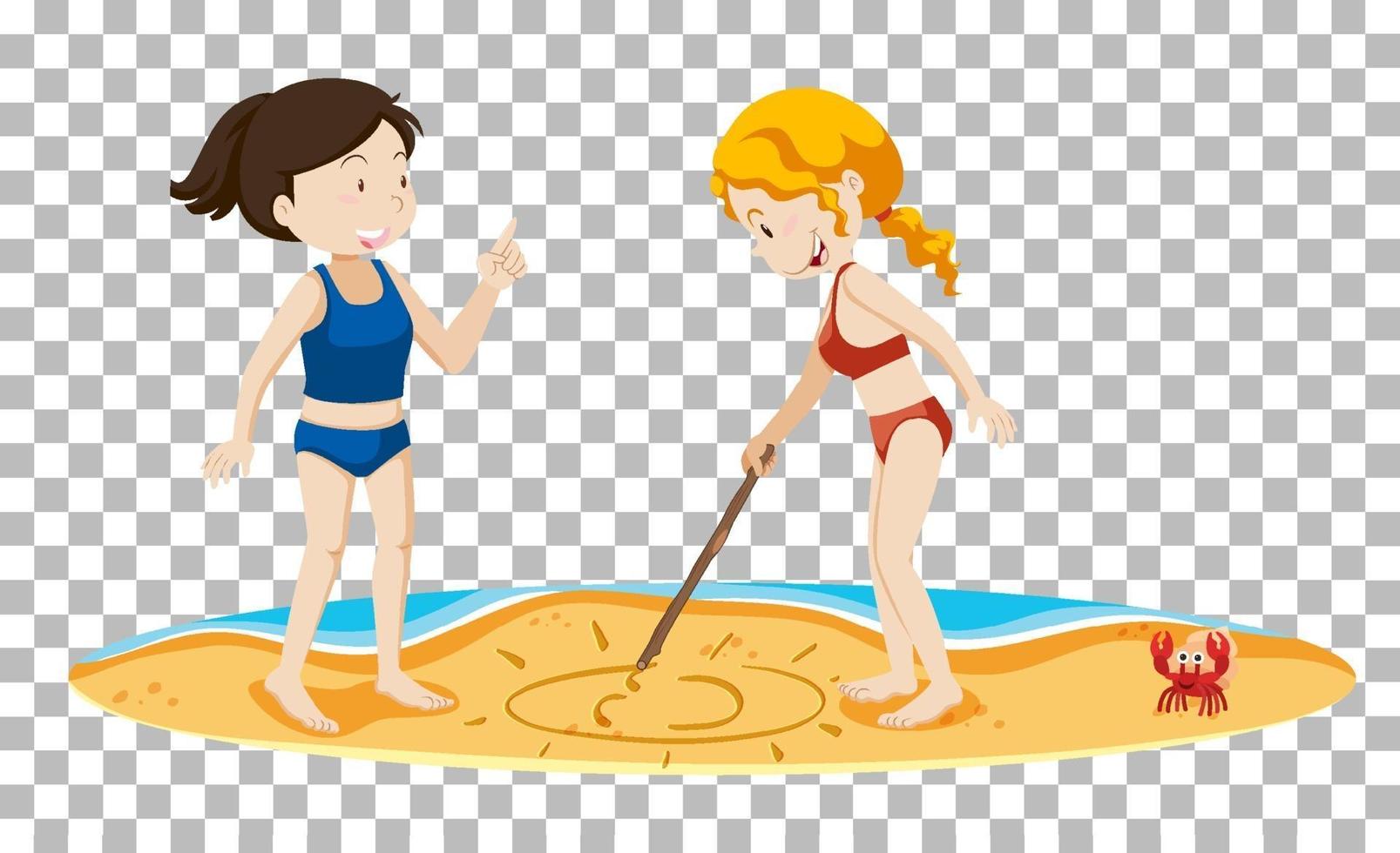 Girls drawing on the sand vector