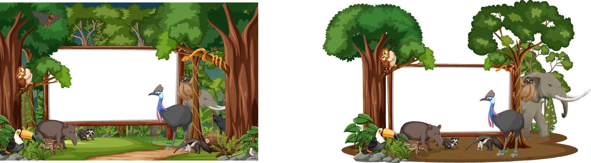 Empty banner set with wild animals and rainforest trees vector