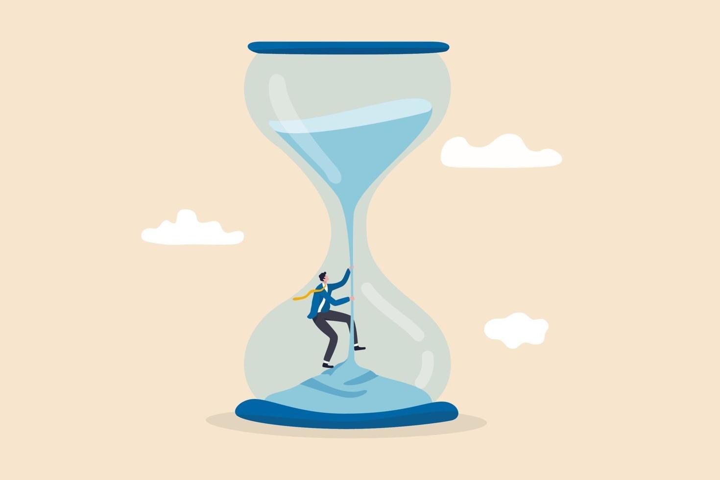 businessman climbing falling sand as time fly in the hourglass vector