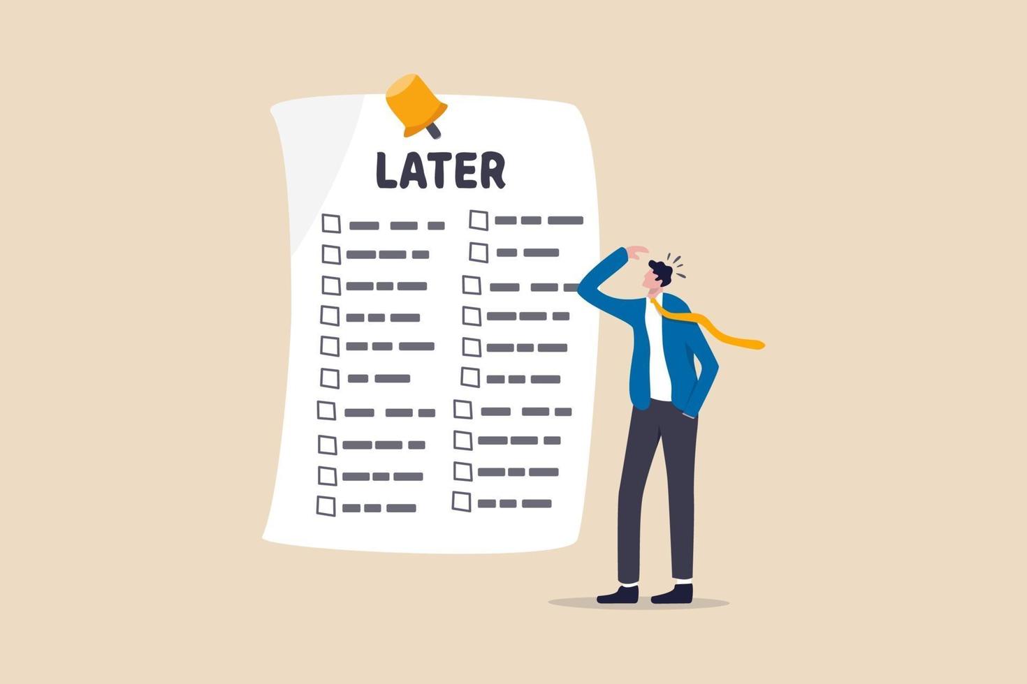 office worker looking at a long to do list for later, procrastination concept vector