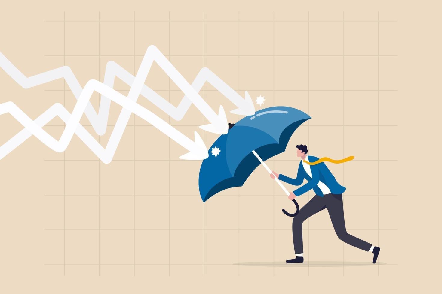 businessman holding umbrella to cover and protect from downturn arrow vector