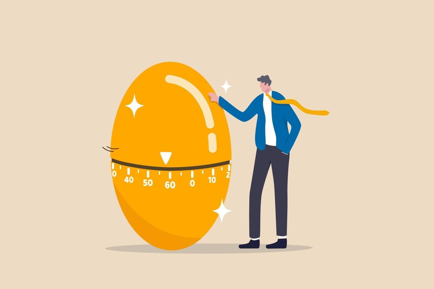 businessman standing with countdown timer golden egg moving towards a retired age vector