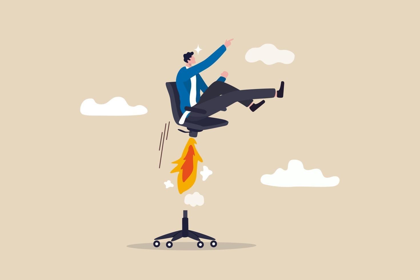 Boost your career development, job promoted to higher position or start new opportunity and motivation to succeed concept, businessman sitting on take off office chair with jetpack or rocket booster. vector