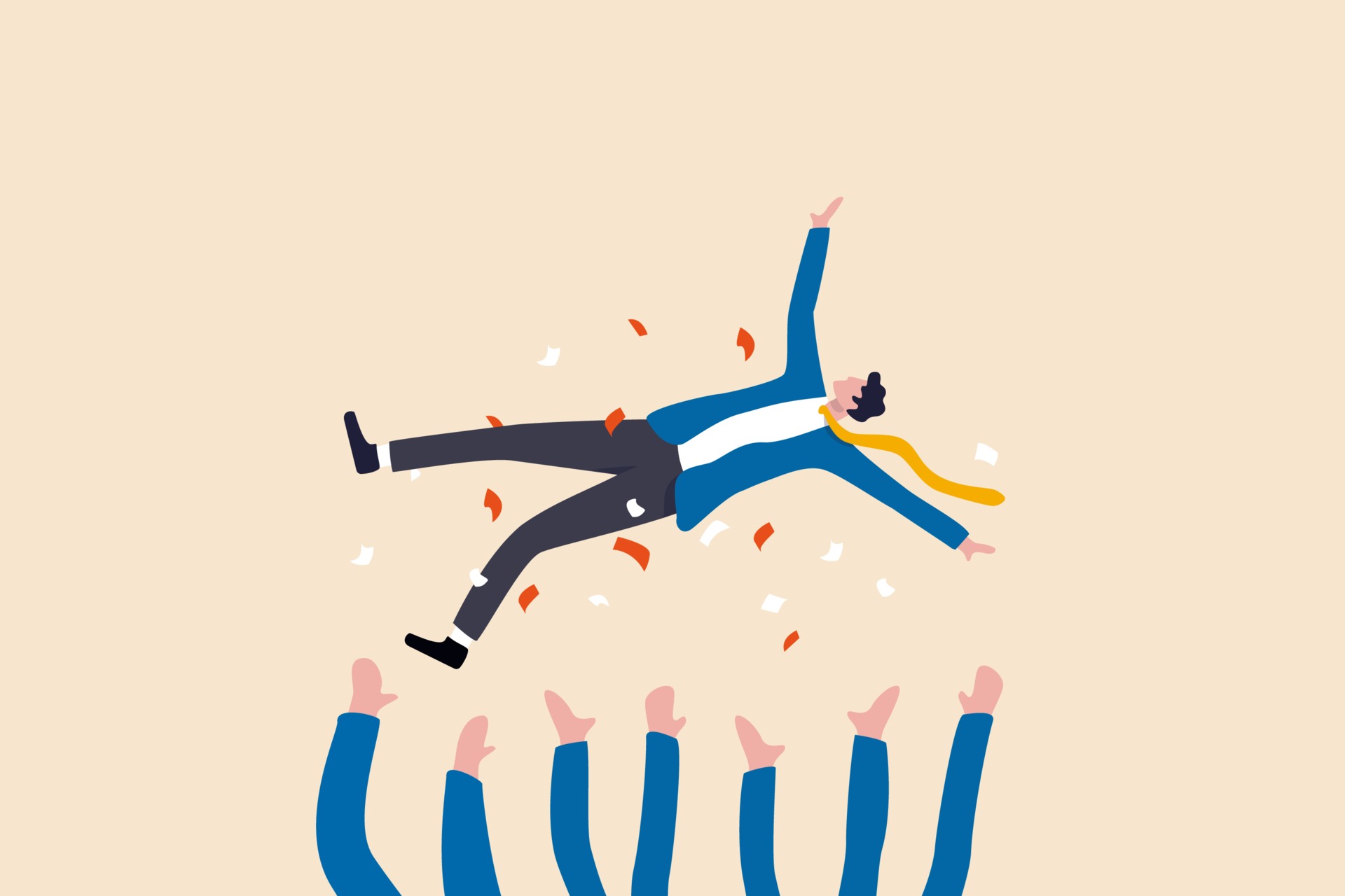 Job promotion celebration, winning prize, success in work or goal ...