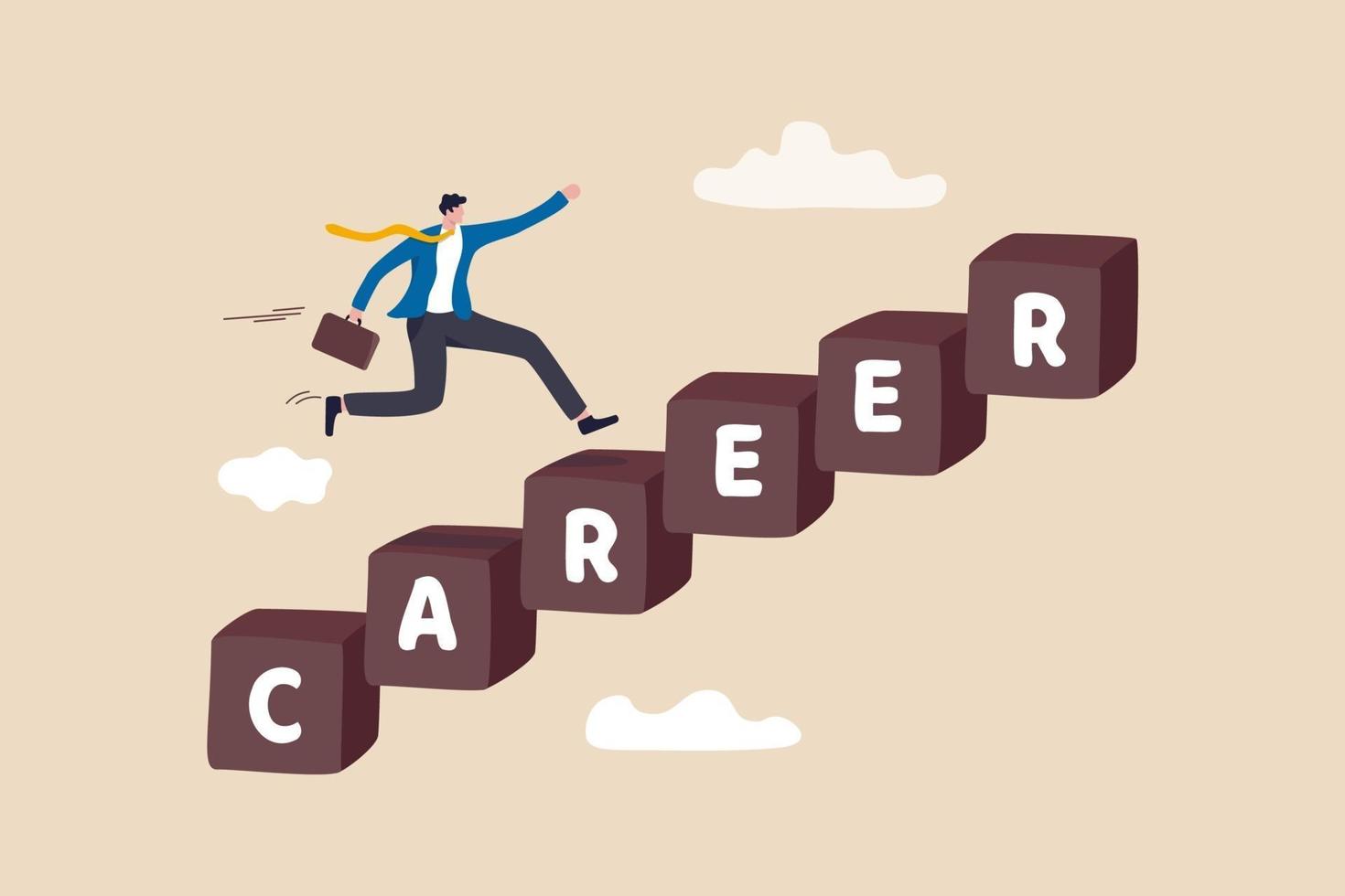 Career development, personal development or job promotion, work experience and responsibility growth concept, smart confident businessman running fast on career stairway rising up to achieve success. vector