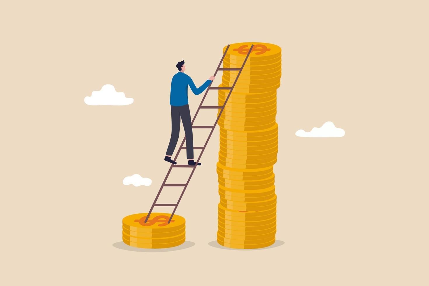 Wage, income or salary increase, investment profit rising up, wealth management for higher return concept, success businessman investor climbing up ladder from low dollar money stack to the higher one vector