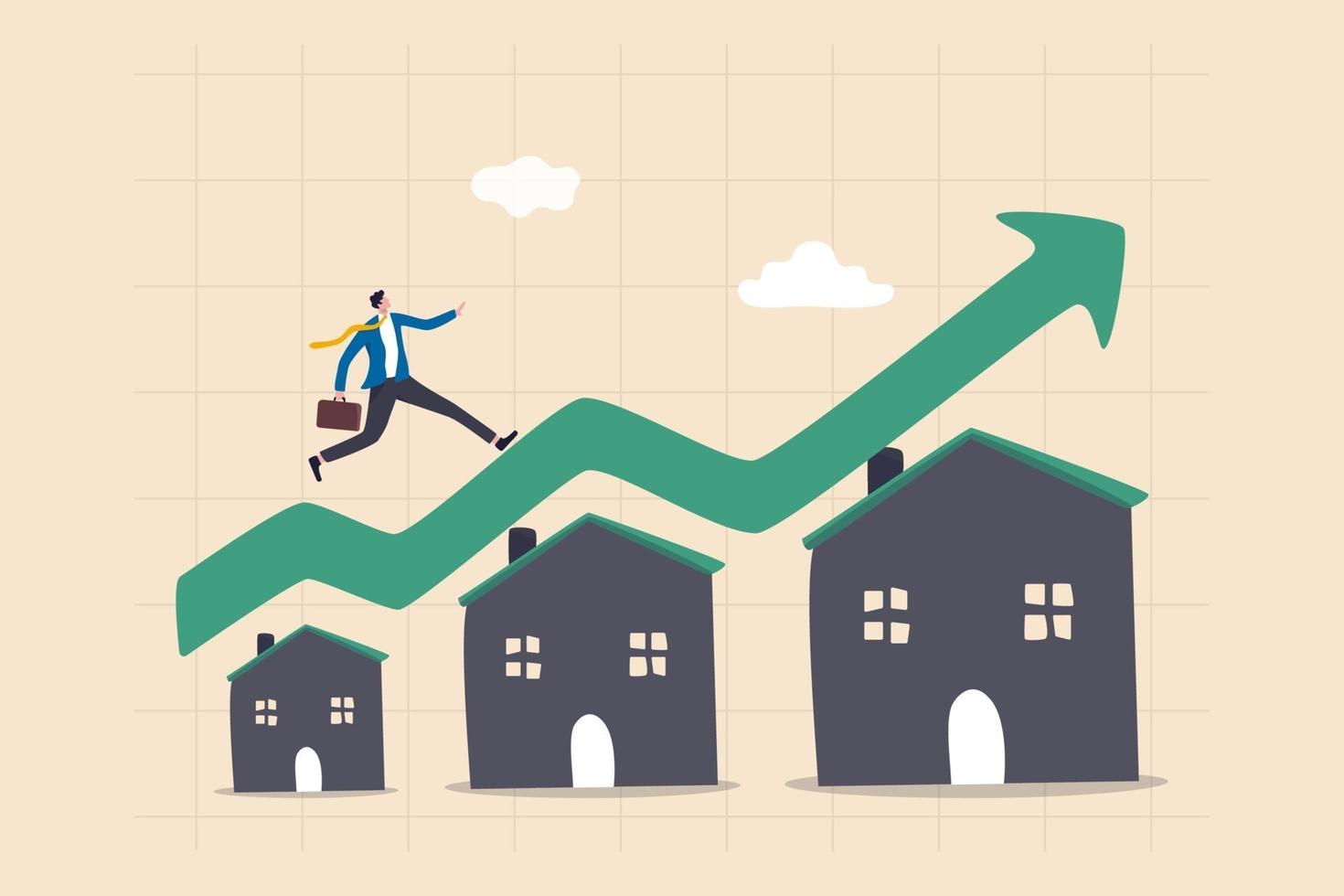 aumento del precio de la vivienda, concepto de crecimiento de bienes raíces o propiedad, empresario que se ejecuta en un gráfico verde ascendente en el techo de la casa. vector