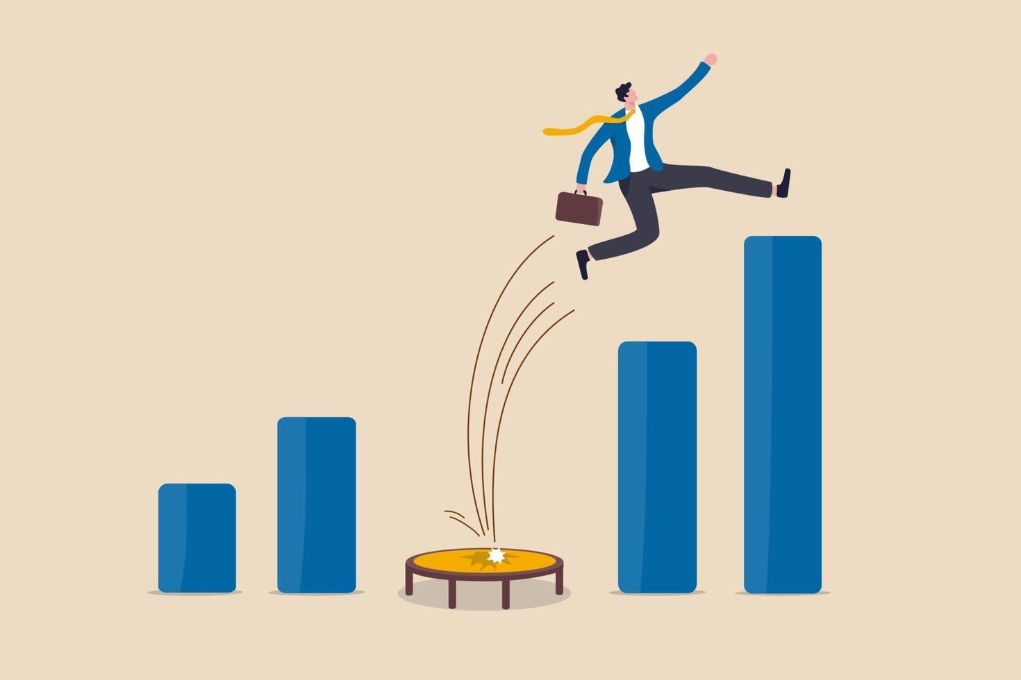 strong businessman jumping from trampoline back to top of growing bar graph vector