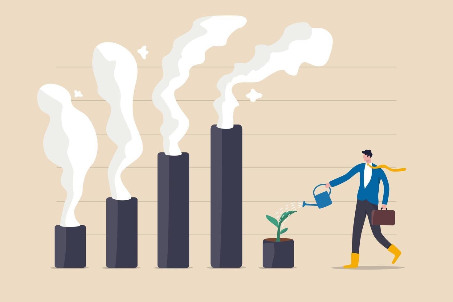 crisis climática y política ambiental, esg o concepto de problema ecológico, líder empresario regando la planta de semillero en el gráfico de barras con el humo de la contaminación elevándose. vector