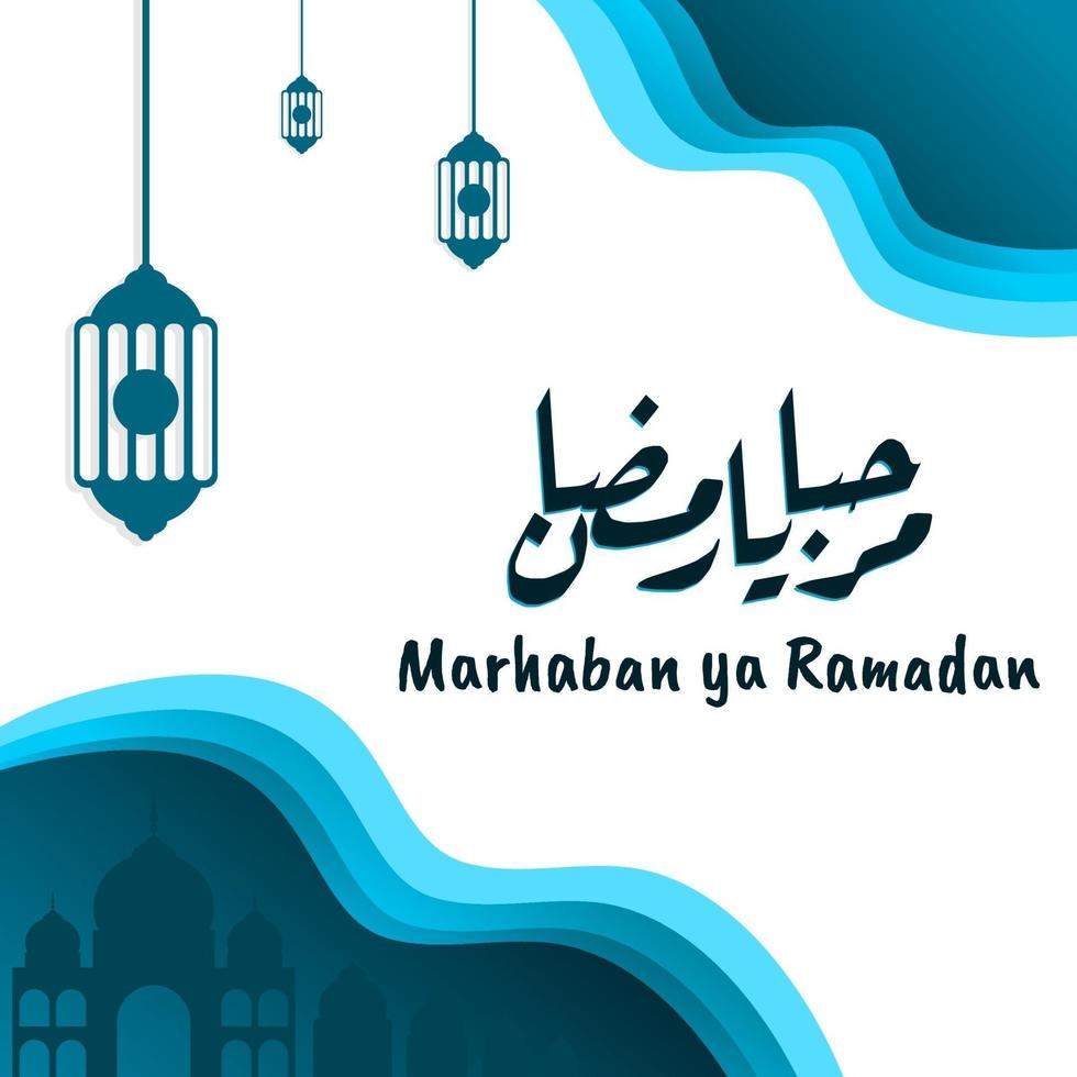 Marhaban ya Ramadhan banner with calligraphy, mosque on pastel color suitable for greeting cards, flyer, poster, cover, web, social media post or stories vector