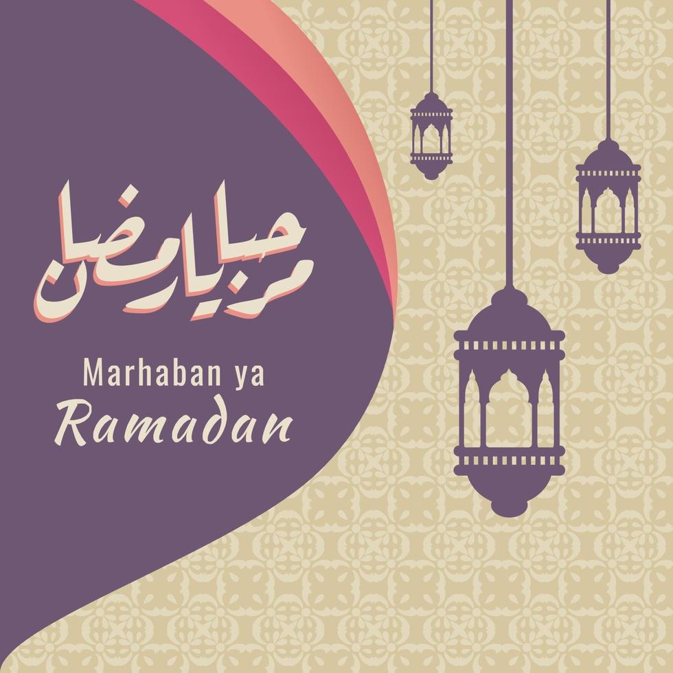 Marhaban ya Ramadhan banner with calligraphy, mosque on pastel color suitable for greeting cards, flyer, poster, cover, web, social media post or stories vector