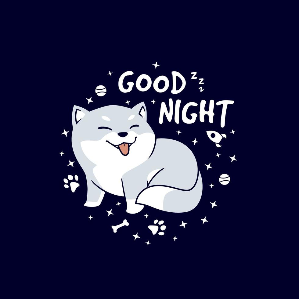 linda ilustración de dibujos animados de buenas noches shiba inu vector