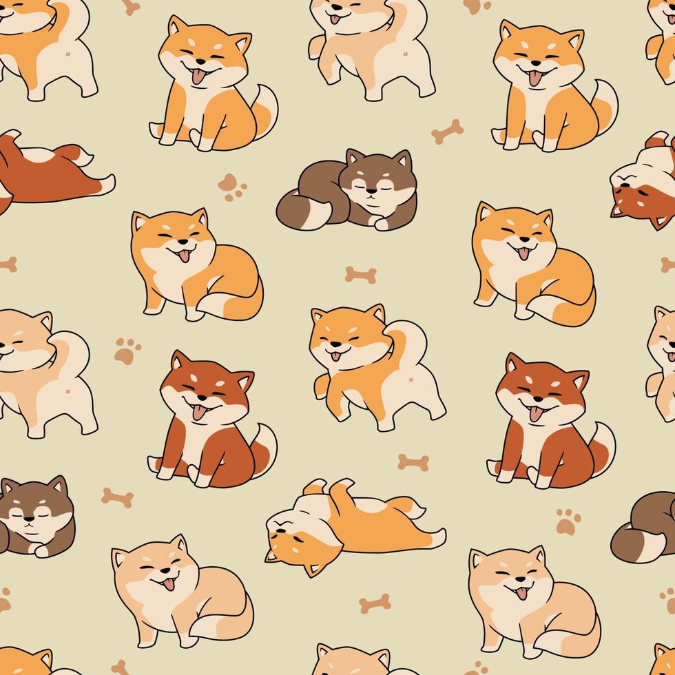 dibujado a mano linda plantilla de patrones sin fisuras shiba inu vector