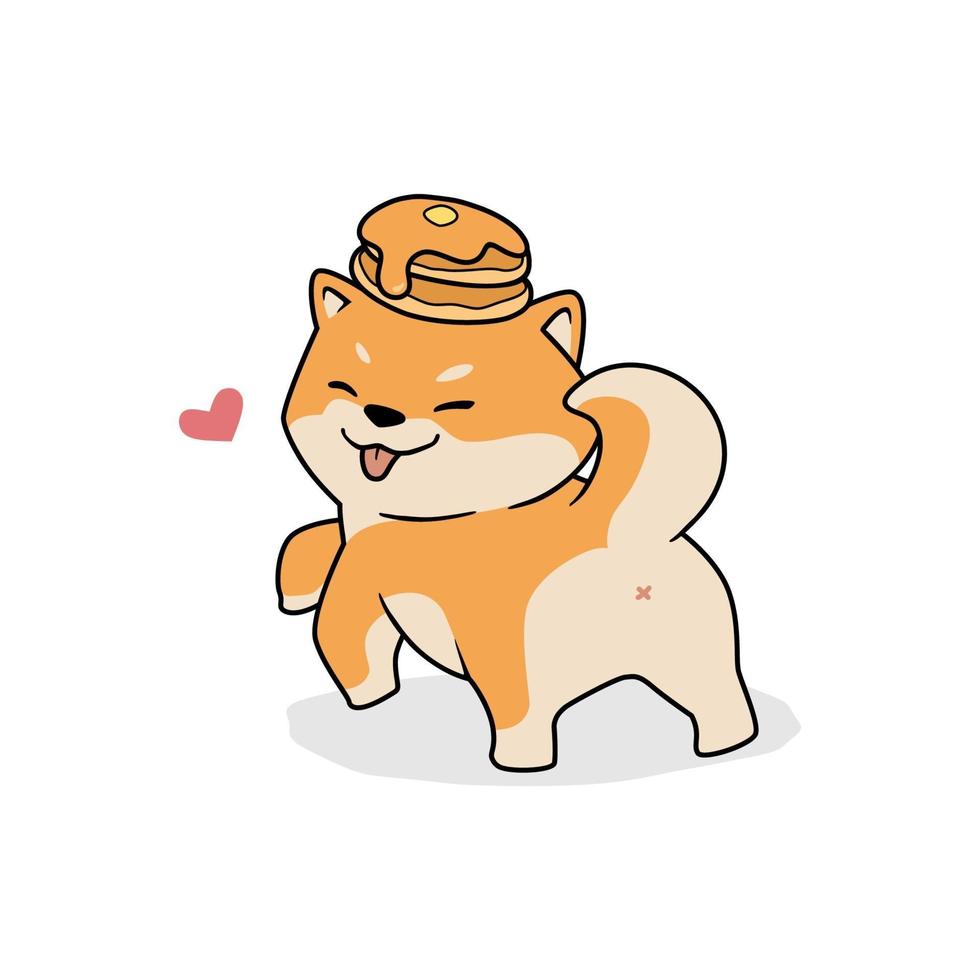 Lindo perro shiba inu con panqueque en su cabeza de dibujos animados, ilustración vectorial vector