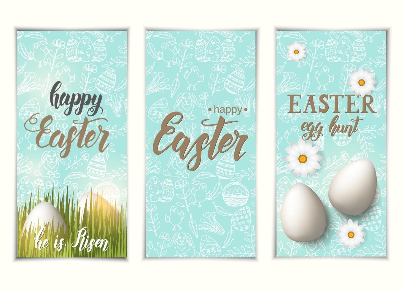 conjunto de banners de Pascua de saludo. etiquetas con huevos en la hierba, letras de moda hechas a mano felices pascuas. búsqueda de huevos y patrón con símbolos pascuales en estilo boceto. pancarta, volante, folleto. vector