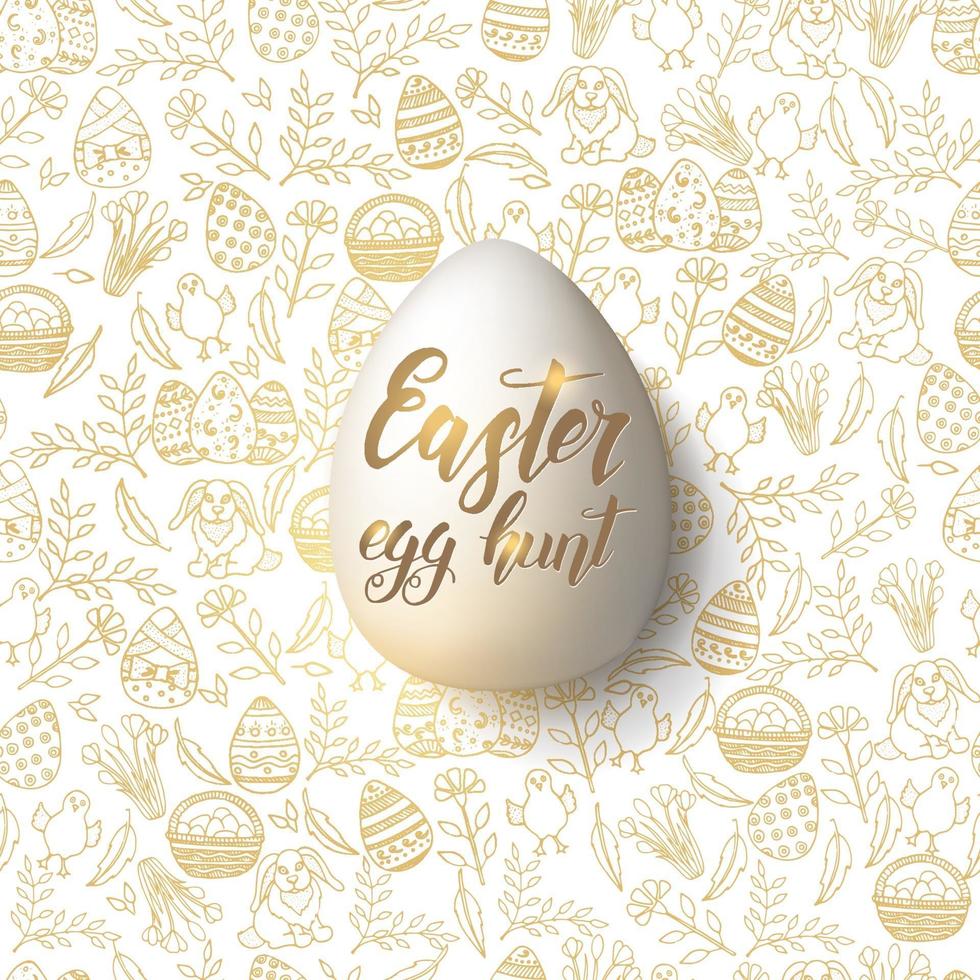 Huevo de Pascua con letras de moda hechas a mano Búsqueda de huevos de Pascua en patrones sin fisuras con símbolos pascuales dorados en el estilo de dibujo. para banner, flyer, folleto. objeto para vacaciones, postales, sitios web vector