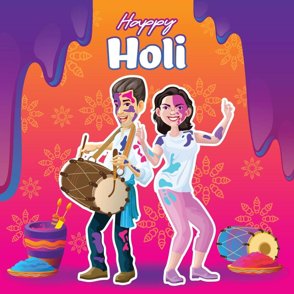 Holi Greetings with cheerful dancer and drummer vector