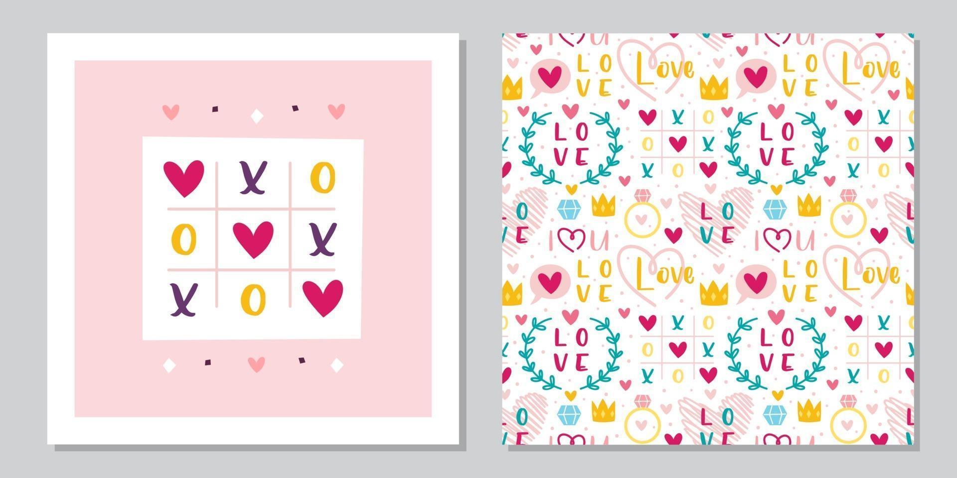 St Valentine's Day greeting card template design. Love, heart, ring, crown, tic tac toe. Relationship, emotion, passion. Seamless pattern, texture, background. vector