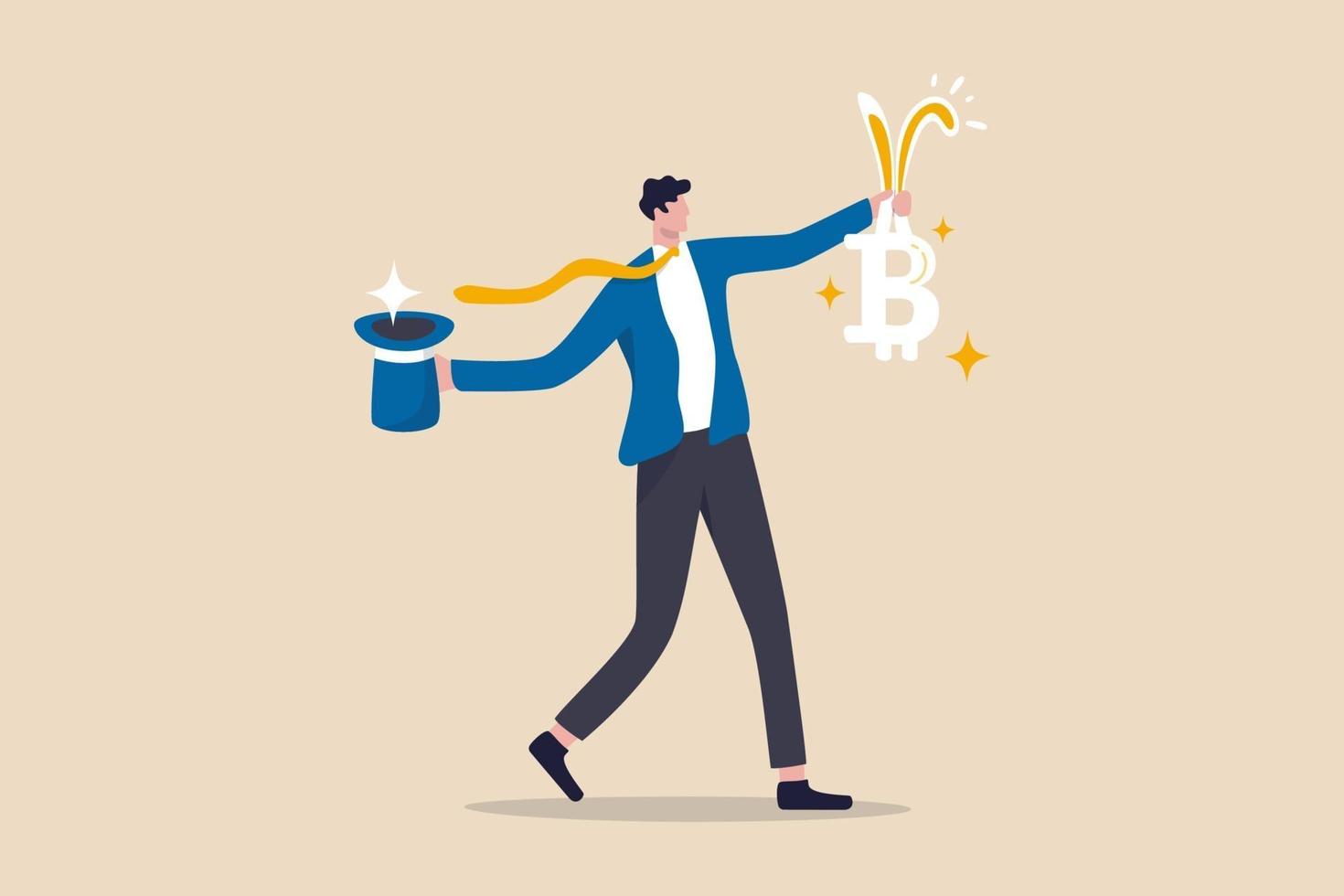 Bitcoin mining, high price bitcoin cryptocurrency concept, businessman successfully pull shiny Bitcoin with rabbit ears from magician hat. vector