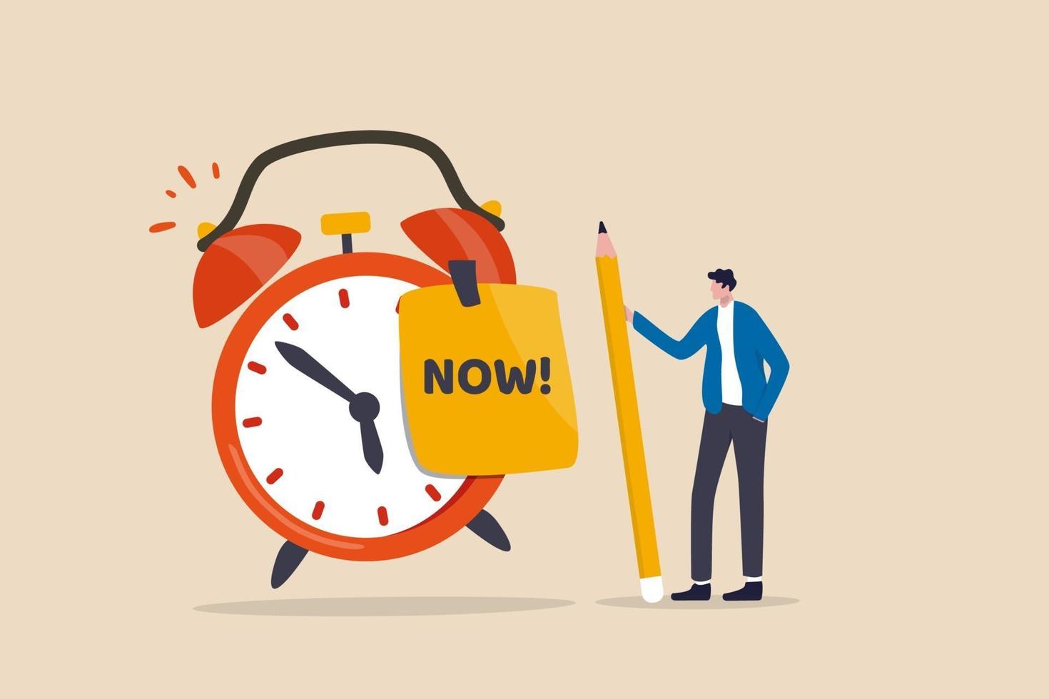 Stop procrastination, do it now or decision to finish work or appointment in time concept, confidence businessman holding pencil after he wrote the word Now on note and stick it on ringing alarm clock vector