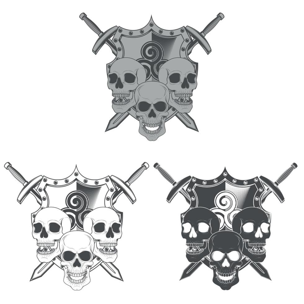 Escudo en escala de grises calaveras y espadas diseño vectorial vector