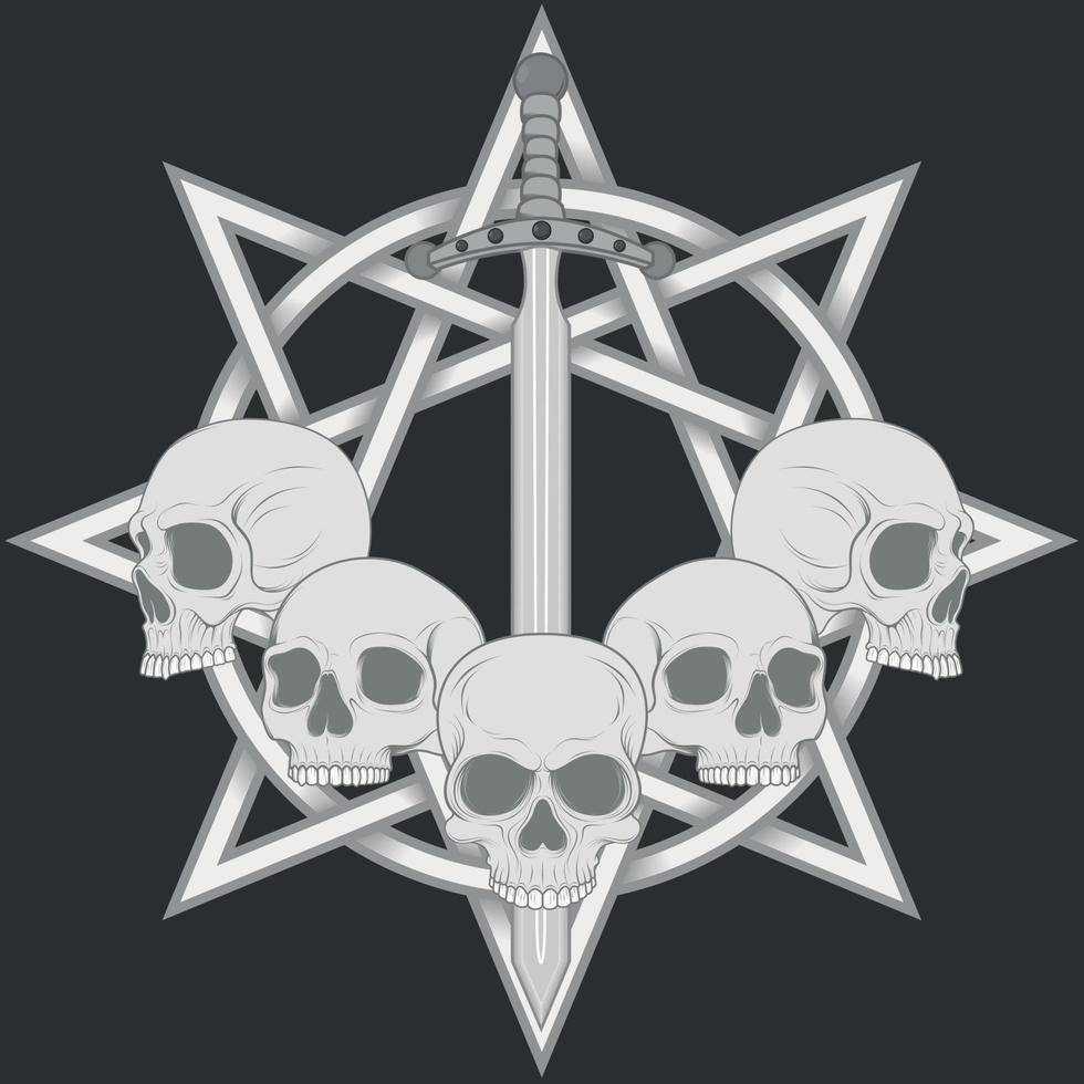 Diseño vectorial de calaveras con espada y estrella. vector