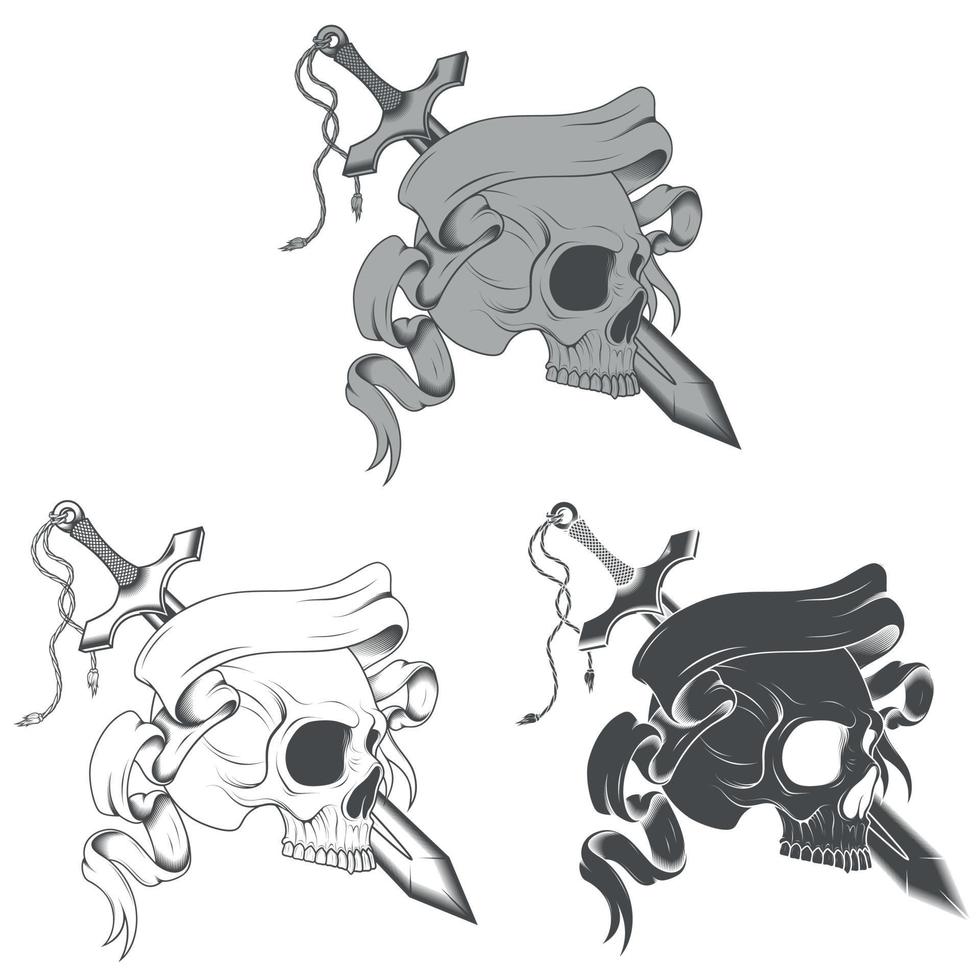 Vector design of skull with sword and ribbon grayscale