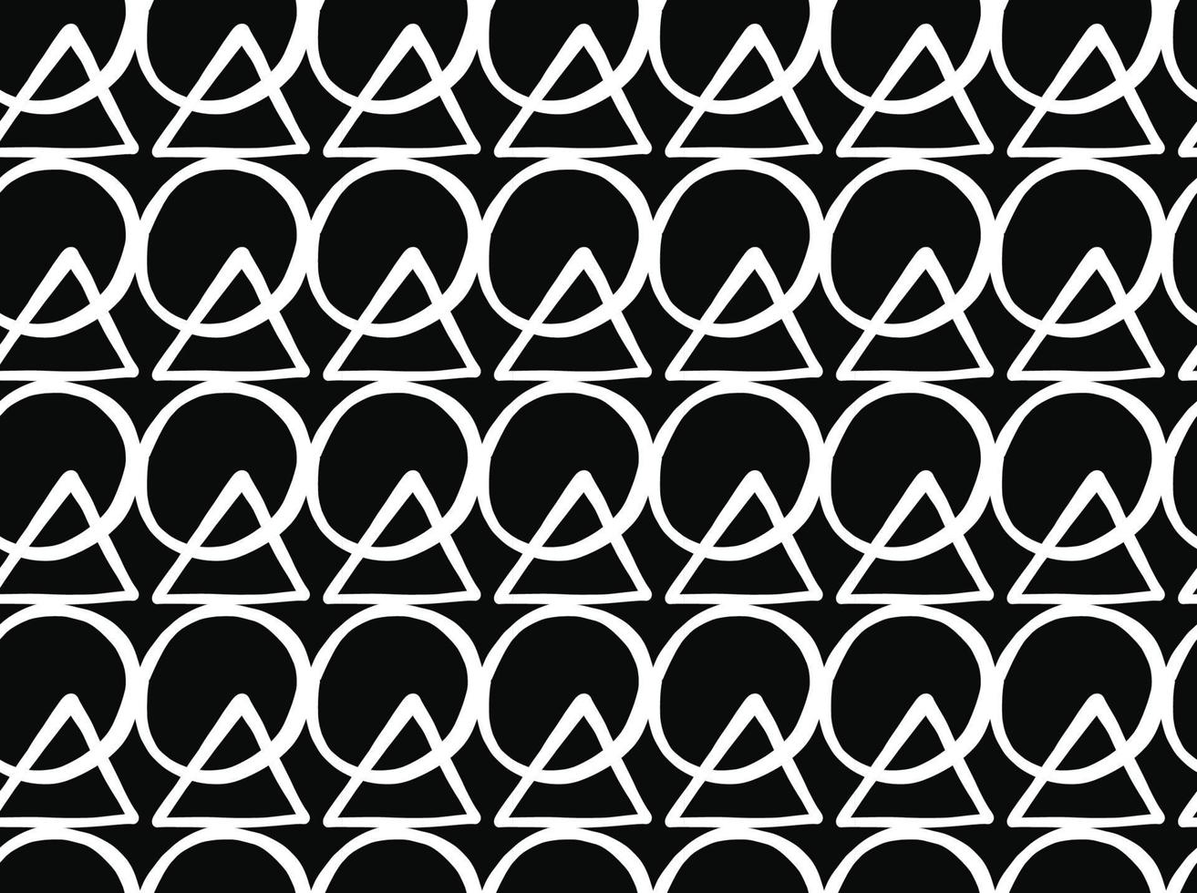 Hand drawn, black, white color circle triangle seamless pattern vector