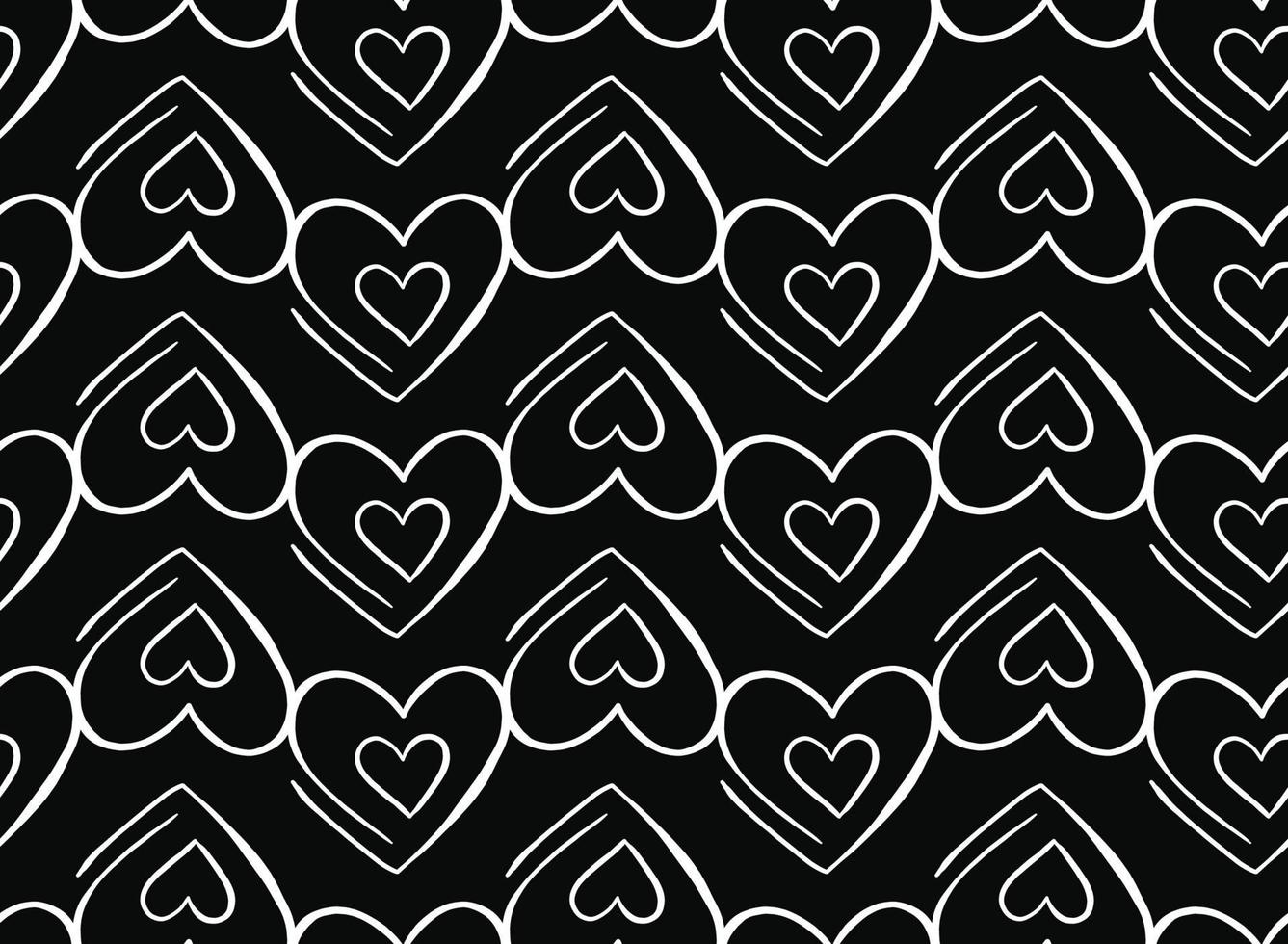 Hand drawn, black, white color hearts outline seamless pattner vector